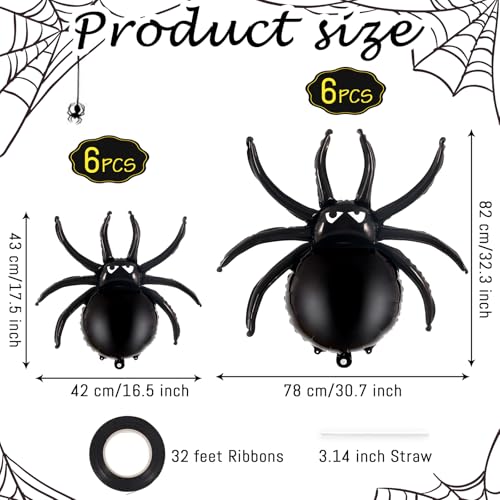 Halloween Spider Balloons Set - 12 Black Foil Party Decorations, 17 & 33 Inch Spiders