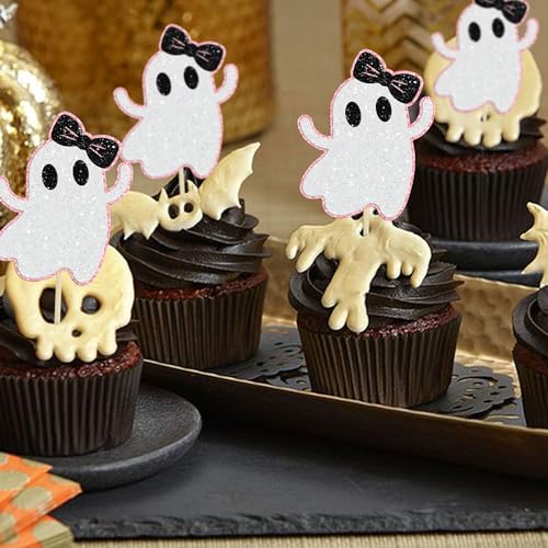 Pink Glitter Ghost Cupcake Toppers Halloween Party Decorations 24 Pack