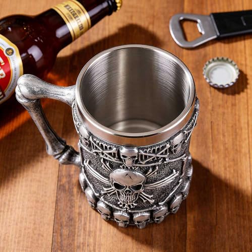 Classic Silver Viking Skull Mug - Pirate Drinkware, 14oz Stainless Steel Coffee & Beer Cup