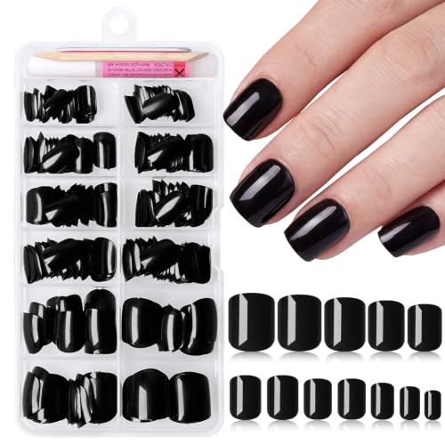LuckForever Extra Short Black Square Press On Nails - Fake Nails Glue Ons