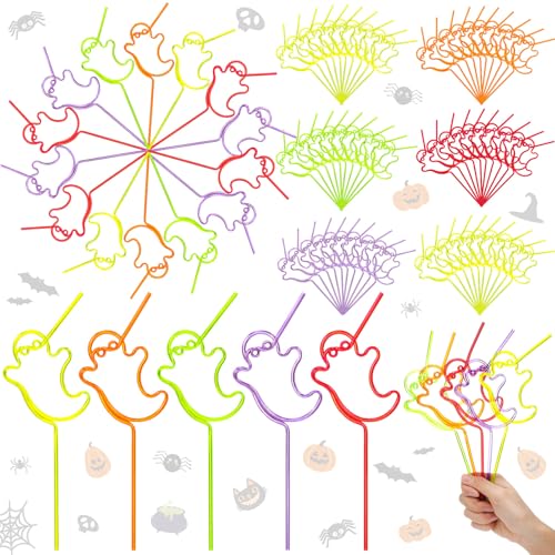 Halloween Ghost Reusable Drinking Straws - Bright Loop Design, 150 Pcs, Ghost & Bright Variations