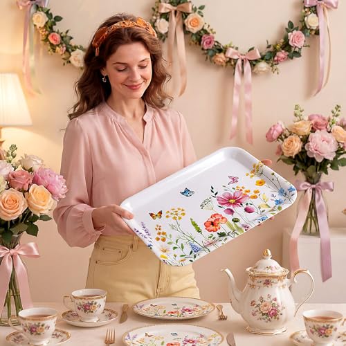 4-Pack Wildflower Melamine Serving Trays - Rectangular Floral Platters for Parties & Home Decor