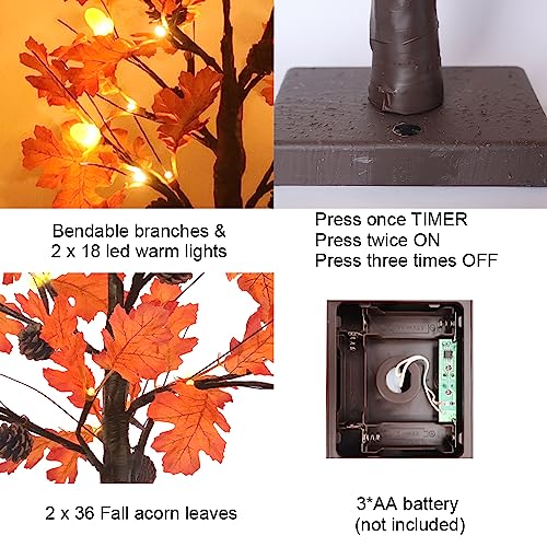 Fall Tree Decorations - 2 Pcs 24-Inch Lighted Acorn Leaves with Warm White LEDs - Autumn & Thanksgiving Decor - Variation of THIS listing: Fall Tree-2
