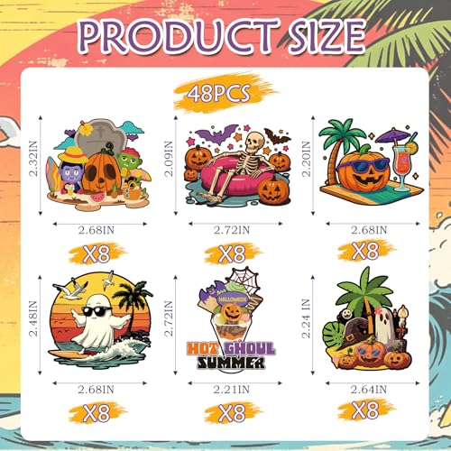 48Pcs Summer Halloween Cupcake Toppers - Beach Ghost Pumpkin Skeleton Decor