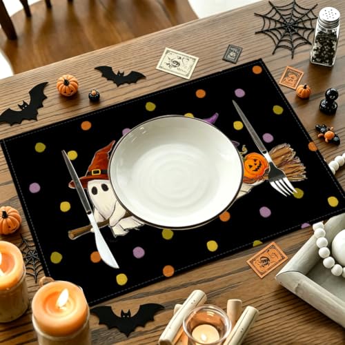 Halloween Ghost Table Placemats Set of 4 - Black, 18 x 12 Inches, Polyester