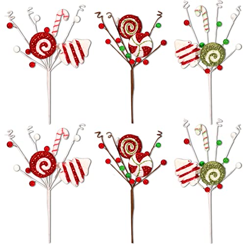 Set of 6 Christmas Candy Cane Tree Picks - Holiday Decor, Red Green White Stripes
