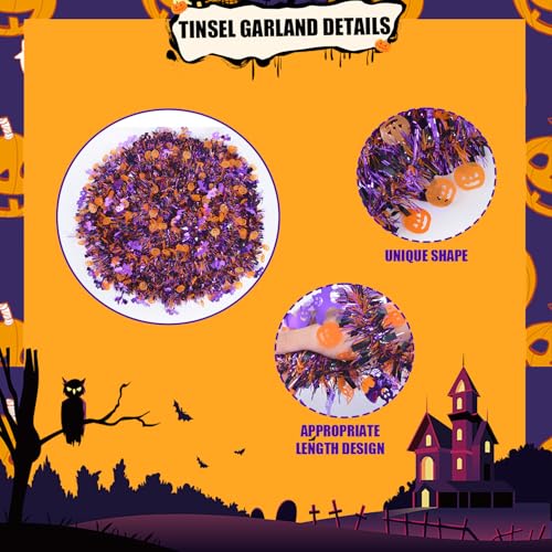 Halloween Tinsel Garland Party Decorations - 33FT Orange Purple Black with Pumpkins & Bats - Indoor Outdoor Decor