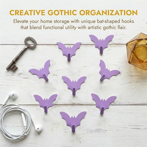 Bat Wall Hooks - 8-Pack Purple Adhesive Iron Hooks for Keys, Bags, Towels, Clothes