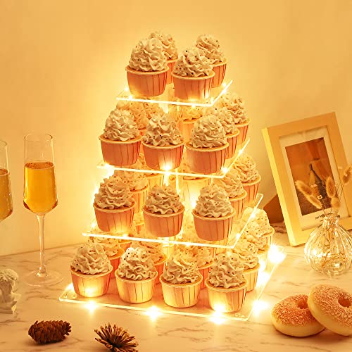 Warm 4 Tier LED Cupcake Stand with Acrylic Display & Light Cord