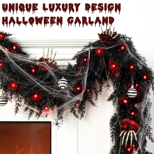 Black 9FT Prelit Halloween Garland with Lights, Skeleton Hand Roses & Web - Variation of THIS listing