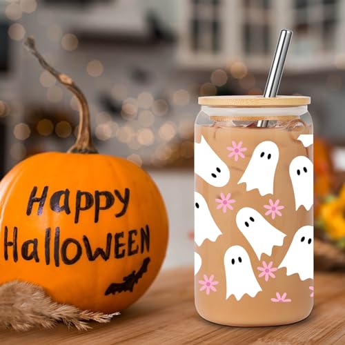 16oz Halloween Ghost Coffee Tumbler with Lid & Straw - Spooky Gift