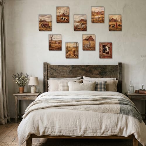 Farmhouse Wall Art Set - 9 Waterproof Canvas Prints for Home Decor - Unframed