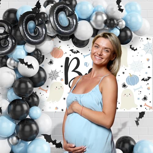Halloween Baby Shower Decorations Balloon Set with Photo Backdrop - Blue & Black