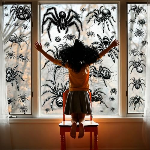 Halloween Window Clings - 8 Sheets Large Black Spider Web Decals for Home & Party Decorations