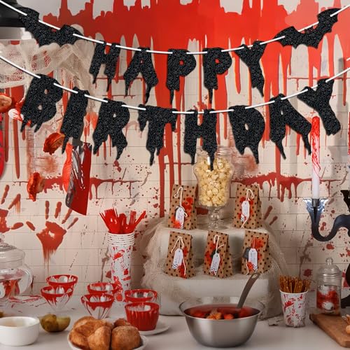 Halloween Birthday Banner with Bat Decorations - Glitter Black Party Garland for Kids & Adults