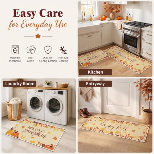 WERNNSAI Fall Kitchen Rugs Set of 2 - Brown Non-Slip Pumpkin Mat for Floor