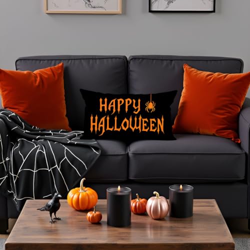 Happy Halloween Throw Pillow Cover 12x20 - Spider Orange & Black - Black Orange Variation
