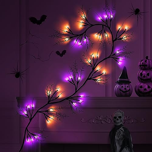 Halloween Willow Vine Garland with 54 LED Lights - 6 Ft Orange & Purple, Waterproof, 8 Modes