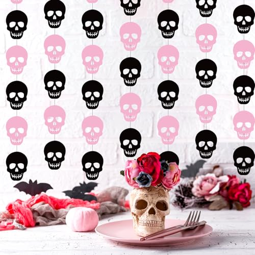 Halloween Skull Decor Garland Set - Pink & Black, 8 Pieces, 43 Inch