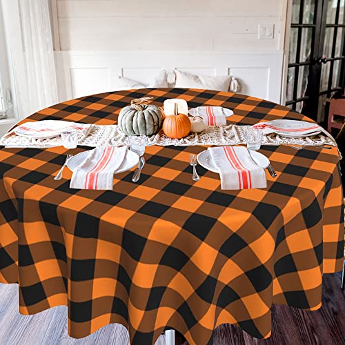 SuQKXCo Fall Orange Black Buffalo Plaid Tablecloth 60 Inch Round Polyester - Grid Pattern