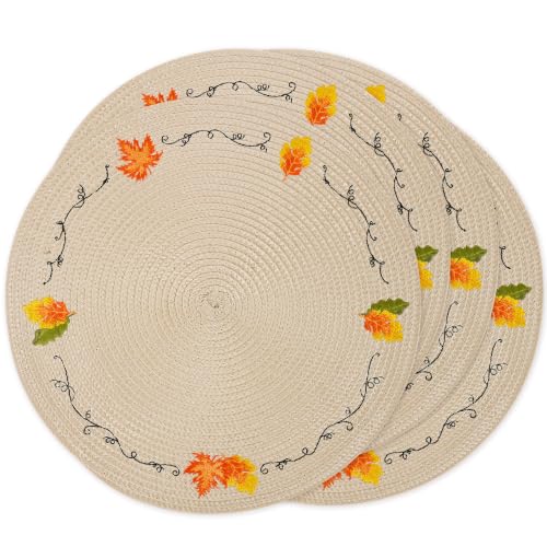 Fall Leaf Embroidered Round Placemats Set of 4 - Yellow & Beige Autumn Decor