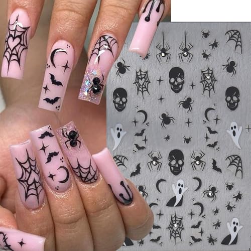 Halloween Ghost and Spider Nail Stickers - Pink White 3D Web Decals - Spider Web Variation