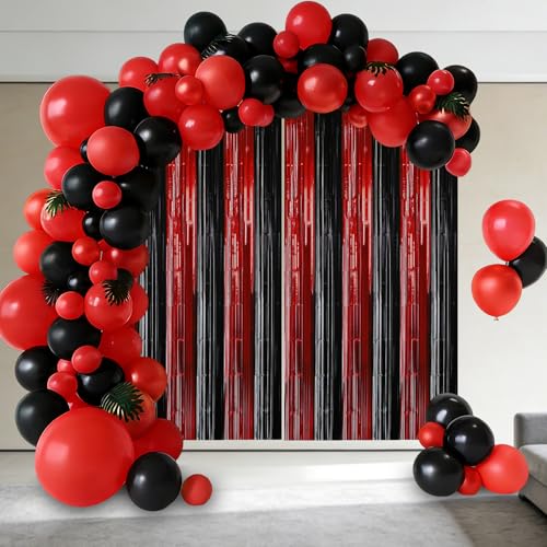 Red and Black Foil Fringe Curtain Set - Metallic Streamer Backdrop for Parties