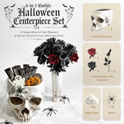 4-in-1 Gothic Halloween Skull Planter Centerpiece Set - Spooky Decor