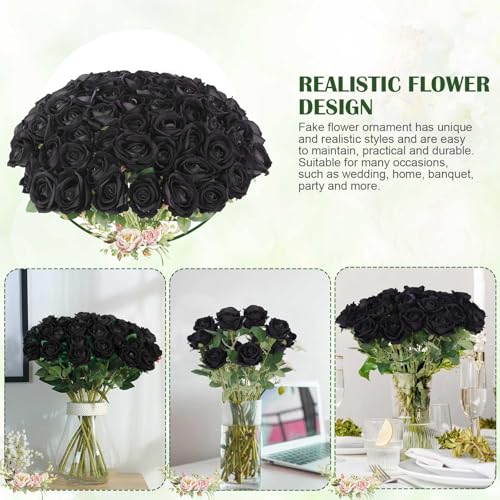 Black Artificial Roses Bulk 60 Long-Stem Silk Flowers for Decoration