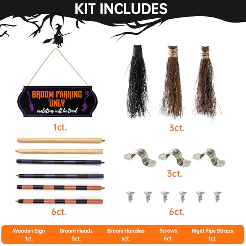 Halloween Broom Parking Sign with 3 Wooden Witch Brooms - Spooky Outdoor Decor