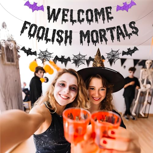 White Welcome Foolish Mortals Halloween Banner No-DIY Party Decoration