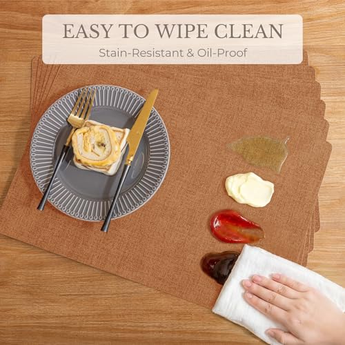 Faux Leather Vinyl Placemats Set of 4 - Orange, Rectangular, Heat-Resistant