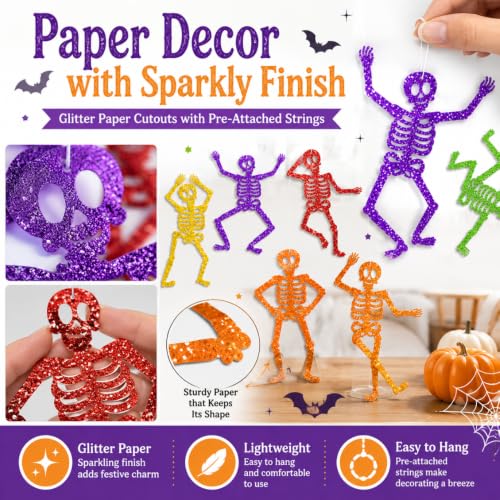 Halloween Skeleton Decorations - 8-Pack Glitter Hanging Skeletons with String - Skeleton Variation