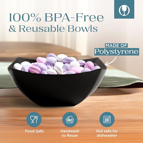 16oz Black Plastic Serving Bowls - Pack of 4, Square Disposable Party Dishware