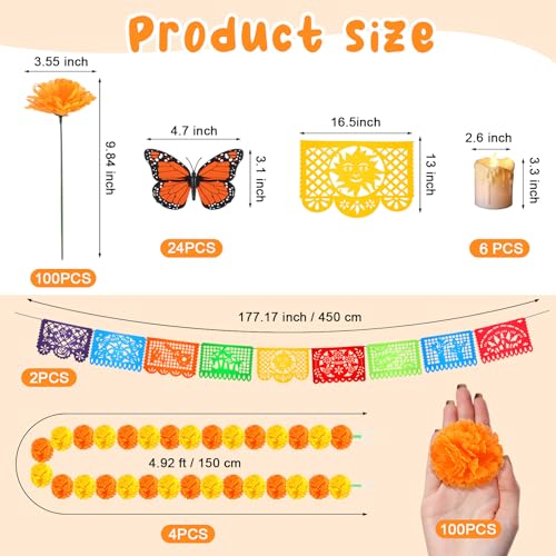 Day of the Dead Decoration Set with Marigolds Butterfly Banners Votive Candles - Orange and Yellow