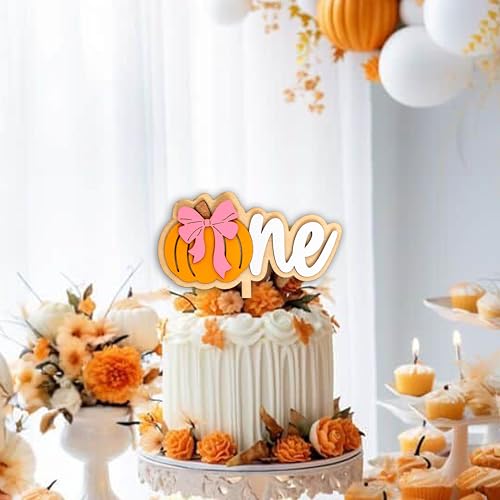 Wooden Pumpkin Cake Topper with Pink Bow - Fall Halloween Thanksgiving Decor - Yellow Variation