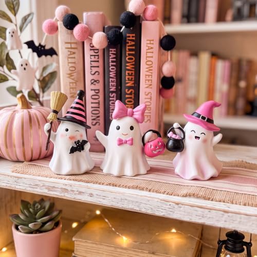 Pink Halloween Ghost Figurine Set - Resin Decor for Home & Parties