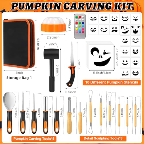 Halloween Pumpkin Carving Kit with 13 Stainless Steel Tools, 4 LED Lights & 18 Stencils
