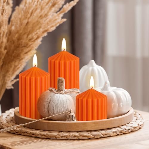 Orange Fall Scented Ribbed Soy Candle Set - 3 Varying Sizes, Aromatic & Long Burn