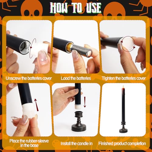 Black Flameless Bleeding Taper Candles with Base - Halloween Set, 8 Pack, Blood Variation