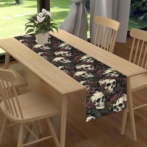 Gothic Table Runner 13x36 Inch Retro Rustic Black Rose Skull Halloween Decor - Variation Gothic-6