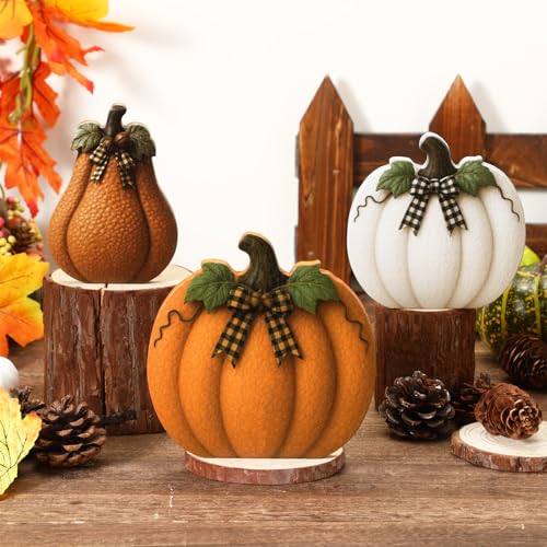 Fall Pumpkin Decorations Wooden Pumpkin Set - Orange, 3 Pieces, Rustic Home Decor