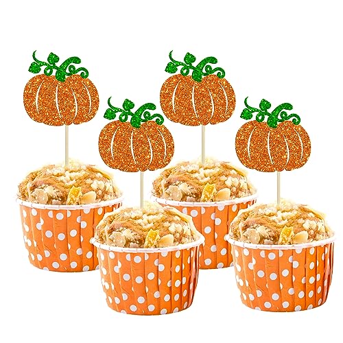 Pumpkin Cupcake Toppers - Glitter Fall Theme Decorations for Baby Shower & Birthday - Orange - 24PCS
