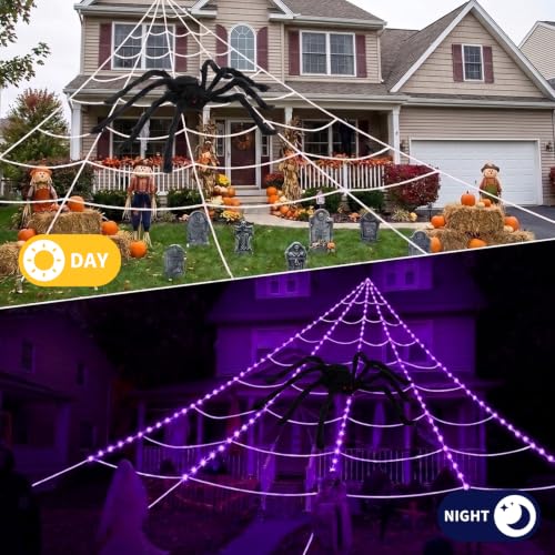 Halloween Spider Web Lights Outdoor with 250 Purple LEDs & Fuzzy Spider - 16.4ft Web Decor Set