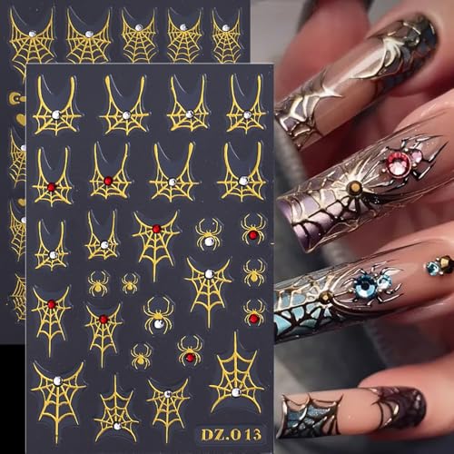 Halloween Nail Stickers 5D Embossed Spider Web Decals - Gold & Black Cobweb Design - Variation of THIS listing