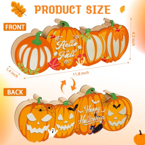 Lighted Halloween & Autumn Pumpkin Table Decor - Double-Sided Wooden Centerpiece