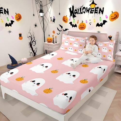 Full Size Cartoon Ghost Bed Sheets Set Halloween Pumpkin Decorations - Multi 21