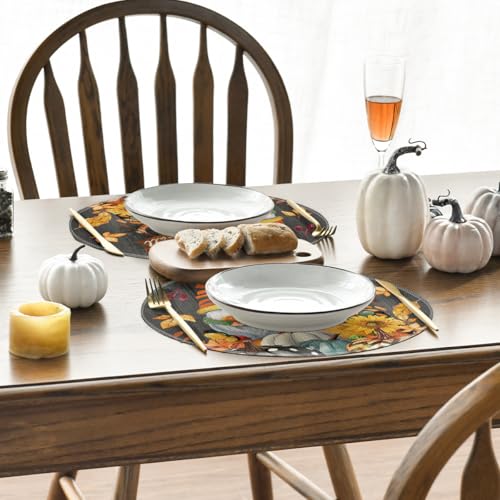 14-Inch Round Fall Pumpkin Gnomes Leaves Placemat Set of 4 - Black Variation