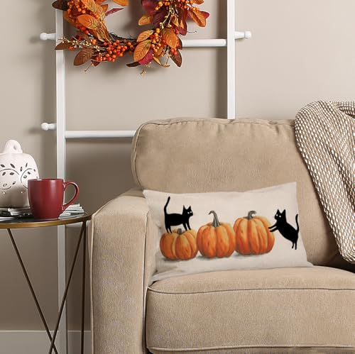 Halloween Pillow Cover 12x20 with Pumpkins & Black Cats - Dogs Variation