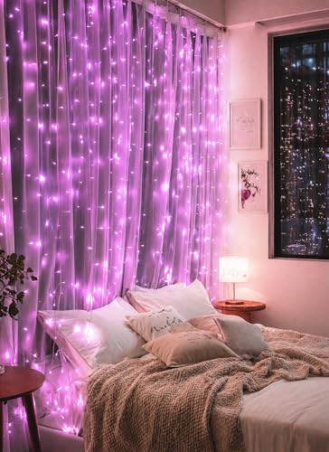 Pink Fairy Curtain String Lights - 300 LEDs, 9.8ft x 9.8ft, 8 Modes, Remote & Timer